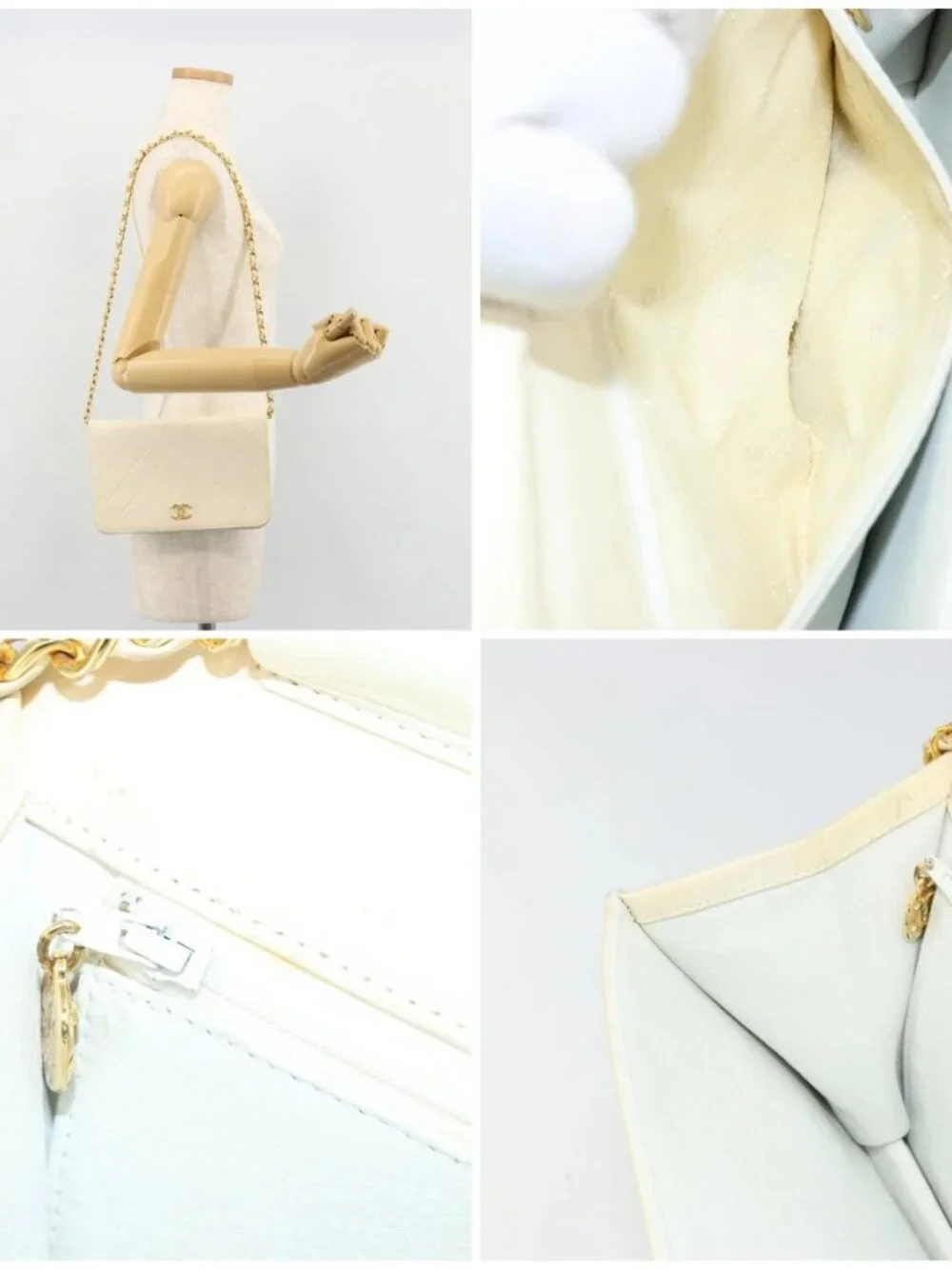 CHANEL Matelasse Chain Shoulder Bag Lamb Skin White Gold CC Auth BA12264